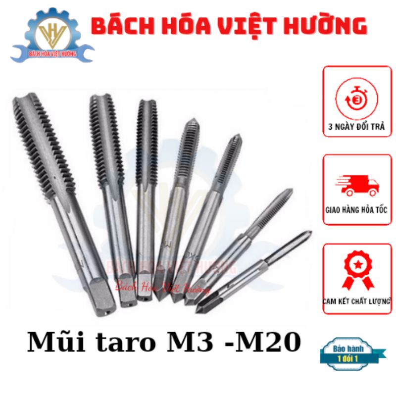 Mũi taro inox, taro tạo ren các loại m3x0.5, m4x0.7, m5x0.8, m6x1, m8x1.25, m10x1.5, m12, m14x2, m16, m18, m20, m22, m24