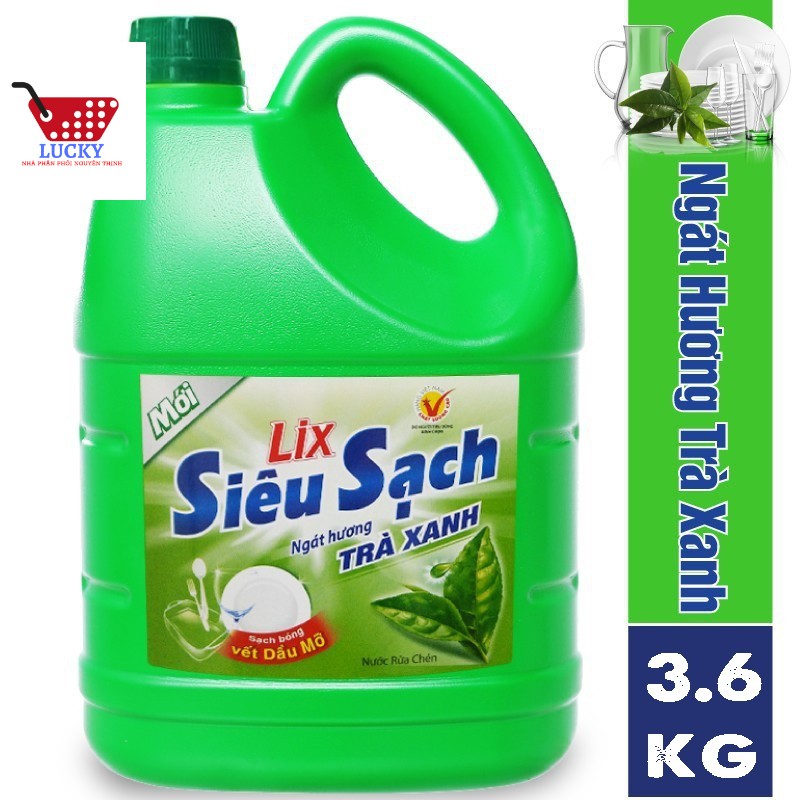 Can Nước Rửa Chén Lix Siêu Sạch 3,6kg Hương Trà Xanh- Sạch Bóng Vết Dầu Mỡ