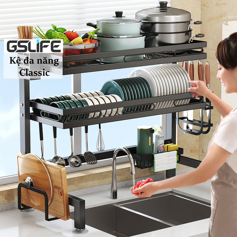 GSlife kệ chén bát 1/2 tầng Thép Carbon kệ bếp đa năng trên bồn rửa Kệ chén đĩa chống han gỉ Giá Để Đồ Chén Đĩa Trên Bồn Rửa Bát Sơn Đen Cao