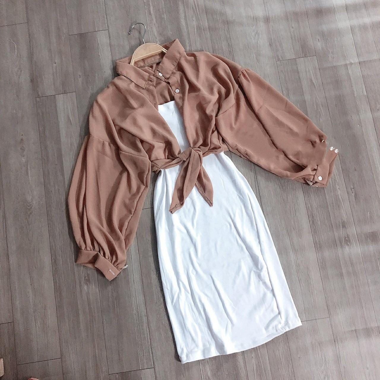 [ẢNH MỘC] Set đầm thun body form ôm kèm áo khoác voan cột eo TU