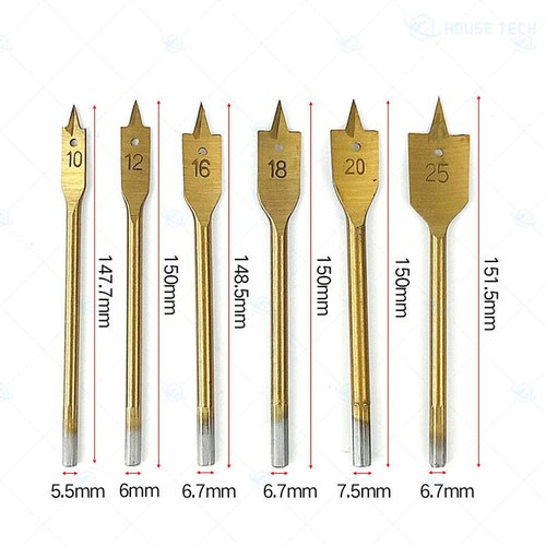 Bộ 6 mũi khoan khoét gỗ hình đuôi cá mạ vàng chuyên dụng 10 - 25mm - bộ 6 mũi đuôi cá - bộ 6 mũi khoét lỗ