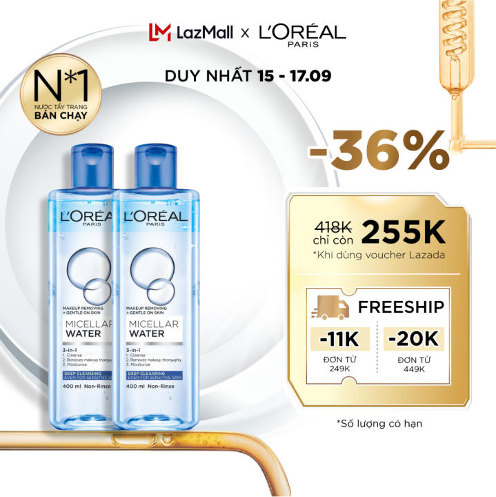 Bộ 2 nước tẩy trang đa năng 3-in-1 làm sạch sâu L’Oreal Paris Micellar Water (xanh dương đậm)