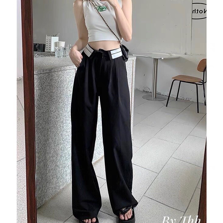 Quần Nữ Dáng Suông Ống Rộng Lưng Cao Kẻ Viền Cạp Gấp Phong Cách Ulzzang, Quần ống rộng vải ruby cạp khoá lưng cao 1 cúc cạp viền bẻ