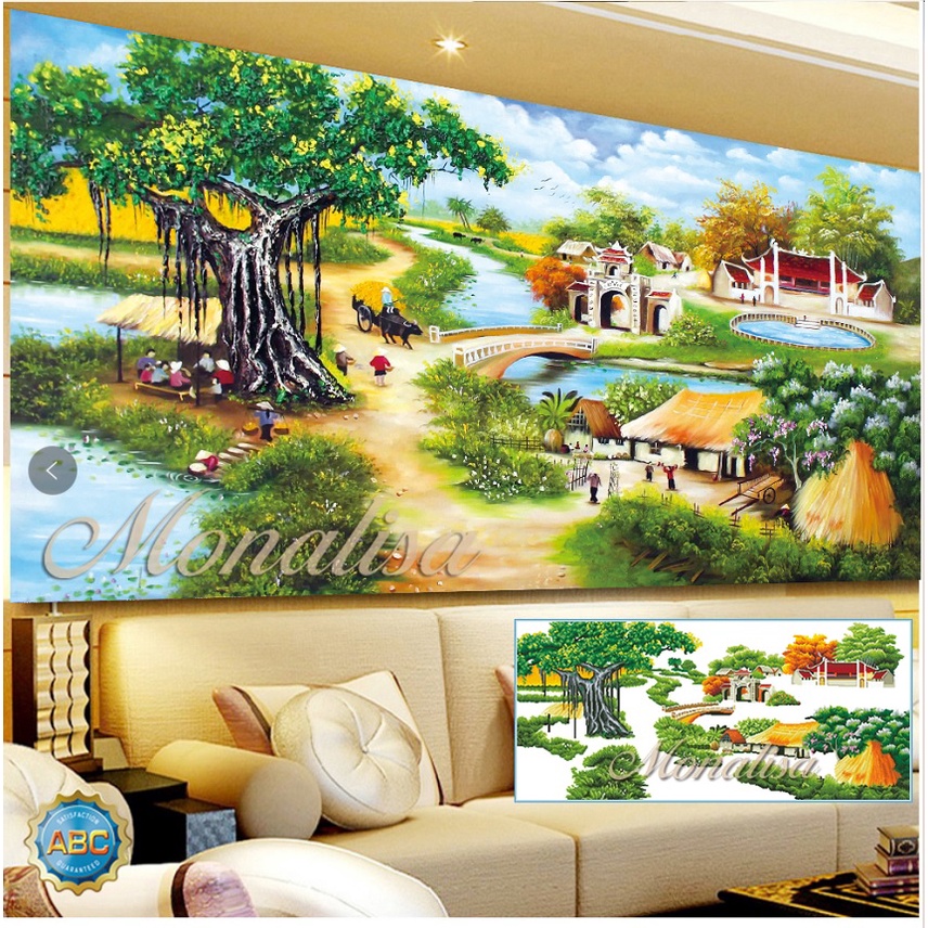 Tranh Đính Đá Phong Cảnh Làng Quê  kích thước 150x75cm
