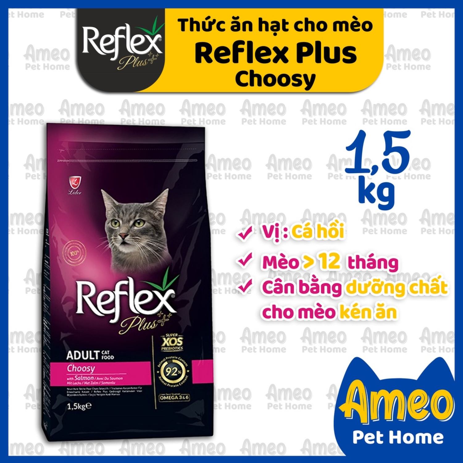 Thức ăn hạt cho mèo kén ăn Reflex PLUS Adult Choosy Salmon | Dành cho mèo biếng ăn Reflex Plus vị cá hồi 1,5kg
