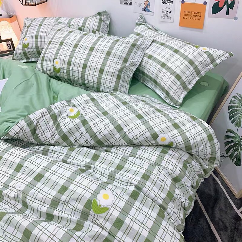 Trọn Bộ 4 Món Cotton Poly Nhập Mẫu HOA KẺ XANH