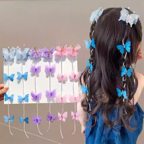 Set 2 kẹp tóc dây chuỗi ngọc bướm nhiều màu siêu cute cho bé