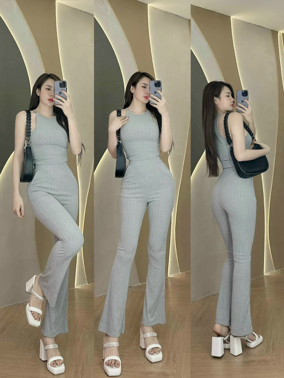 Set bộ đồ dài thun gân nữ áo ba lỗ croptop mix quần dài ống loe, Set bộ nữ co giãn áo croptop ba lỗ mix quần dài ống loe