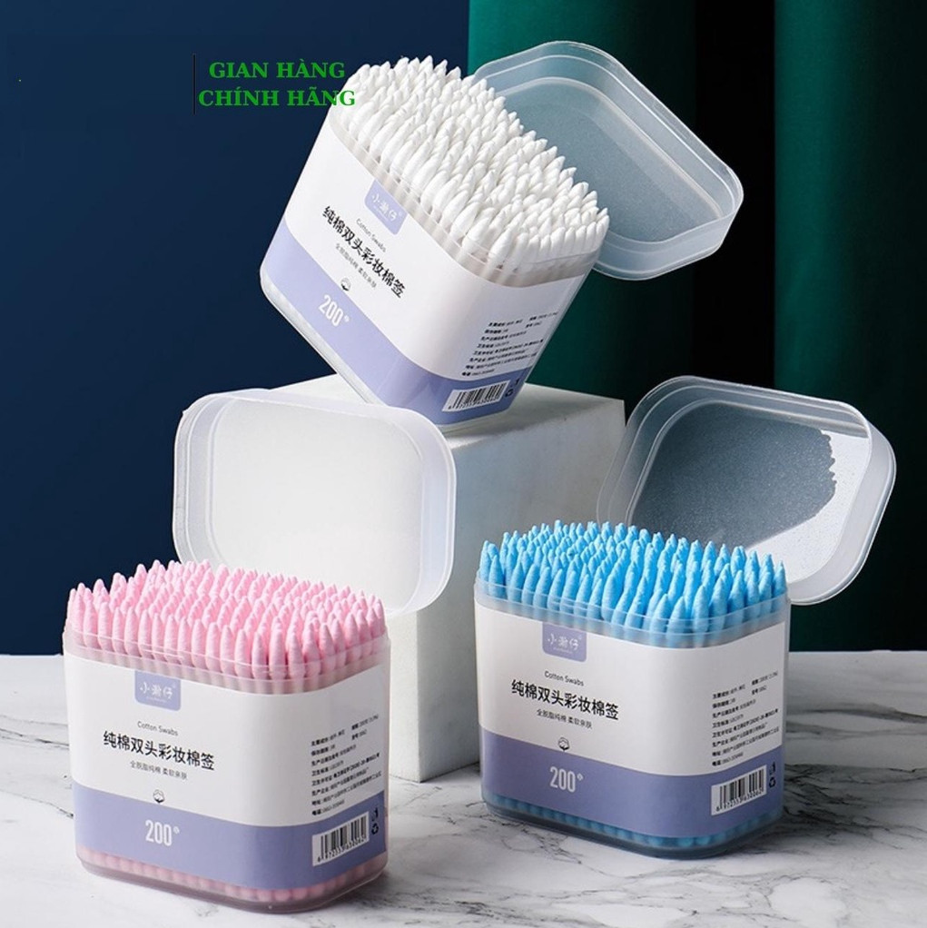 Hộp 500 Tăm bông thân gỗ 2 Đầu Người Lớn 2 Đầu Tròn Và Dẹp Kháng Khuẩn Được Làm Từ Bông Tự Nhiên / Hộp bông tăm 500 que ngoáy tai 2 đầu an toàn khi sự dụng