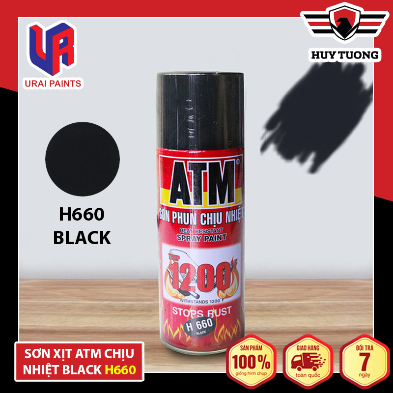 Sơn xịt ATM chịu nhiệt chống cháy Spray H660 Black ( Màu đen ) 1200*C đa năng xịt trên mọi chất liệu - Huy Tưởng