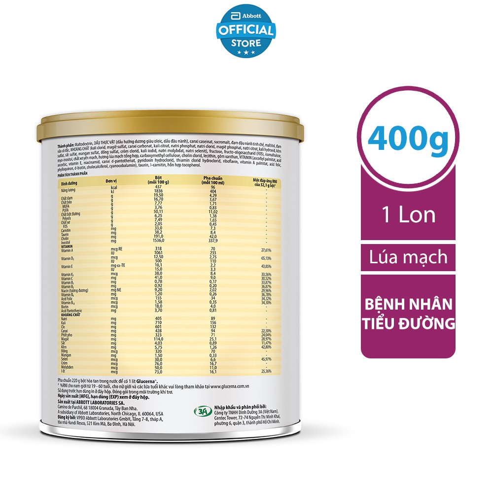 Lon sữa bột Abbott Glucerna Hương Lúa mạch 400gram