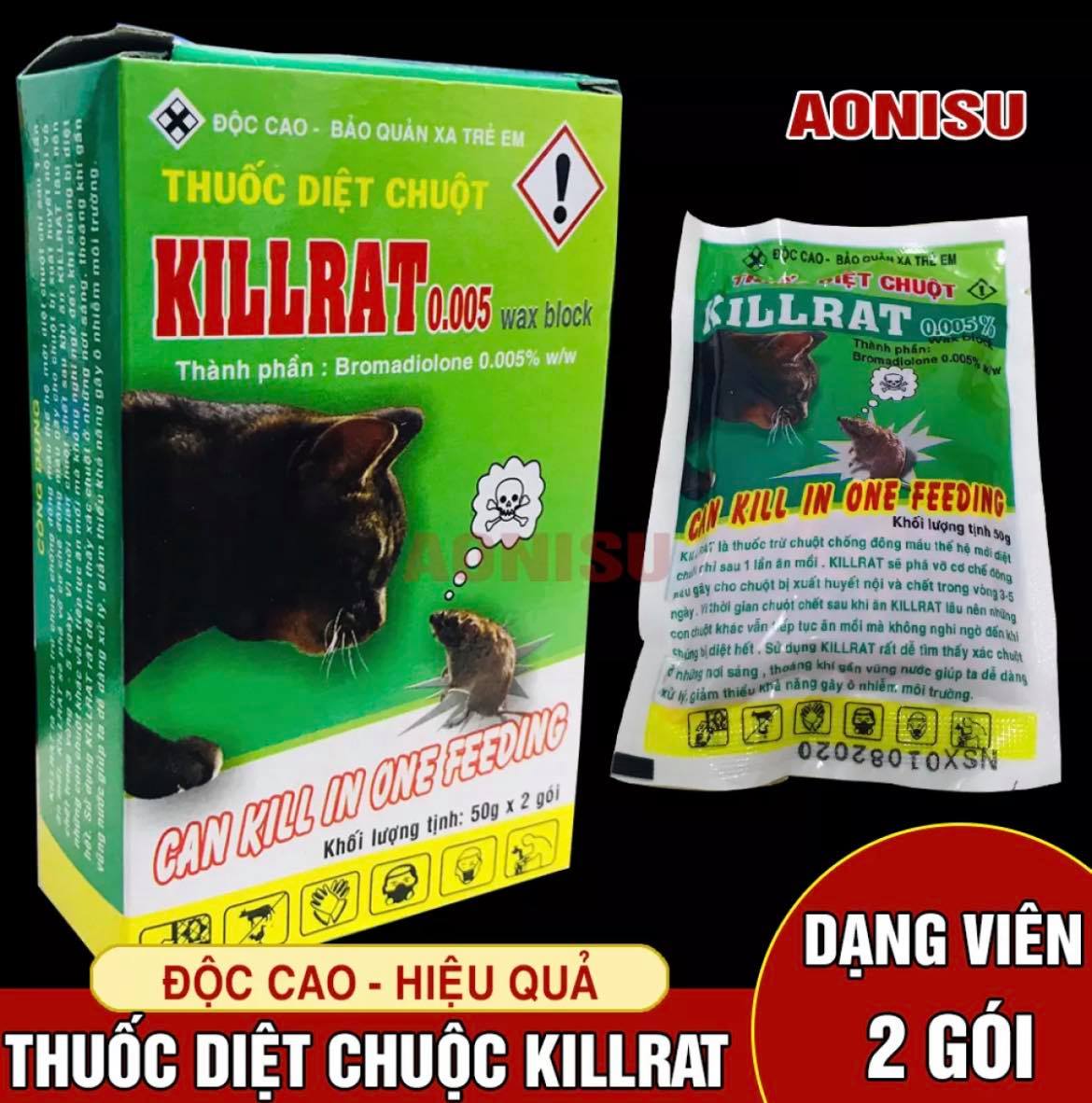 Thuốc Diệt Chuột KILLRAT - Thuốc Diệt Chuột Cực Độc, Kẹo Diệt Chuột, Thuốc Diệt Côn Trùng AONISU (hộp 2 gói).