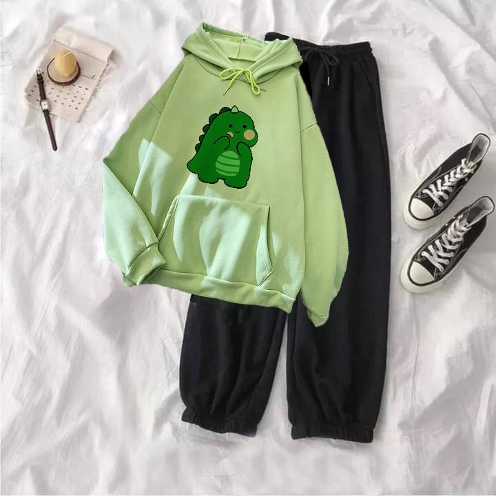 (hàng thời trang)Sét bộ áo hodie khủng long xanh cute quần bom đen