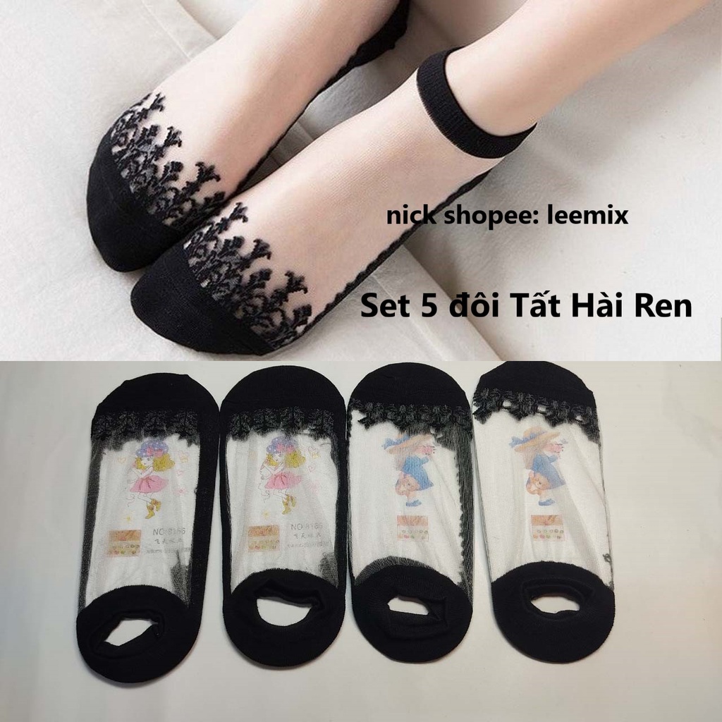 sét 10 đôi Tất, Vớ nữ cổ ngắn ren lưới công chúa màu đen