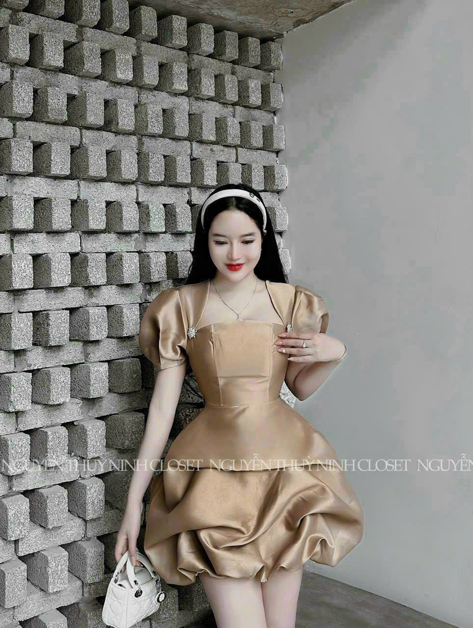 Đầm đi tiệc cưới tay phồng sang chảnh, váy xòe bồng tiểu thư bồng bềnh cổ vuông thanh lịch