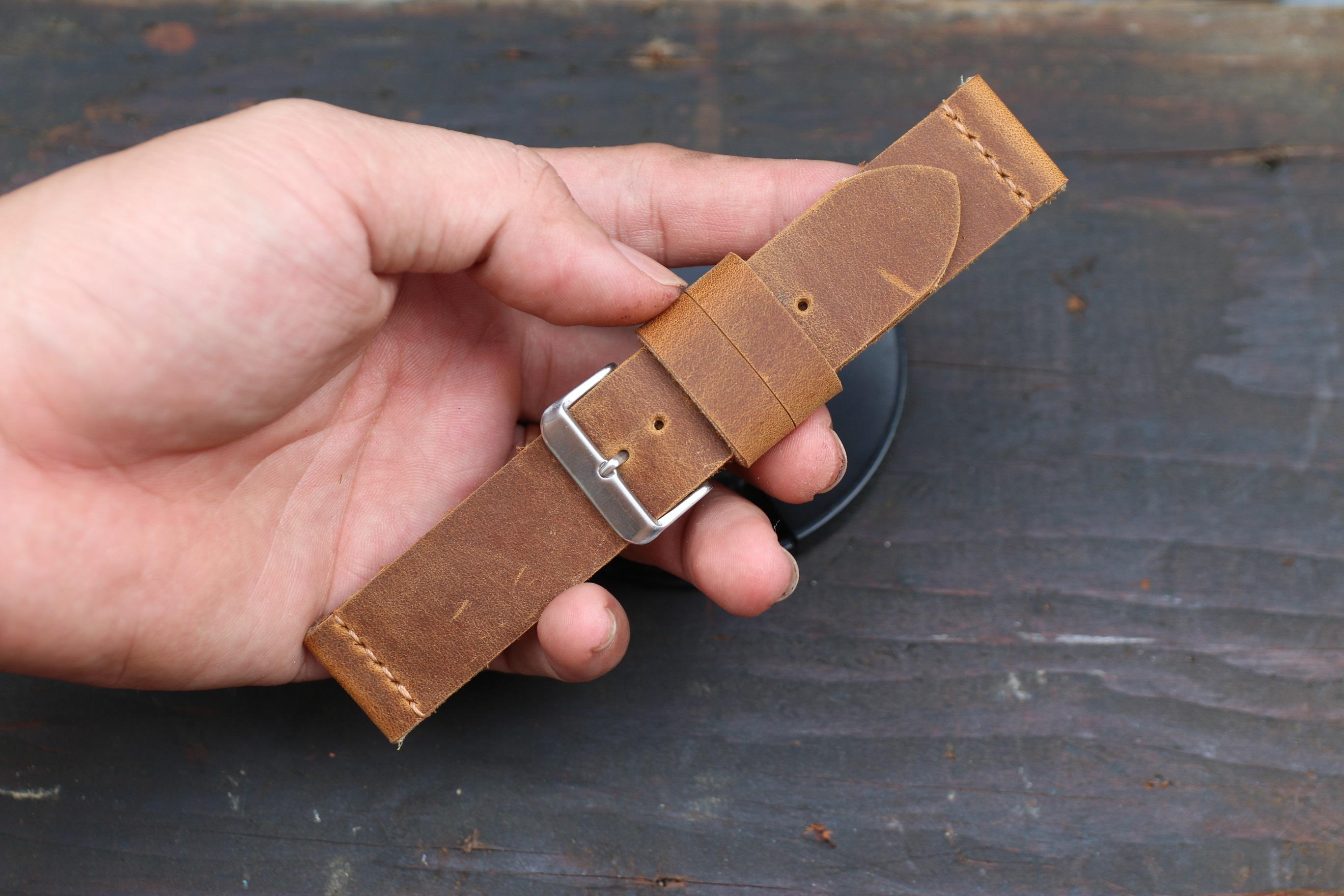 [HCM]Dây đồng hồ da bò sáp - Nâu vàng handmade