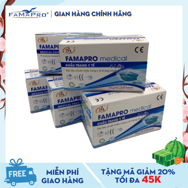 Combo 5 hộp khẩu trang y tế 4 lớp kháng khuẩn Famapro (50 cái / Hộp)