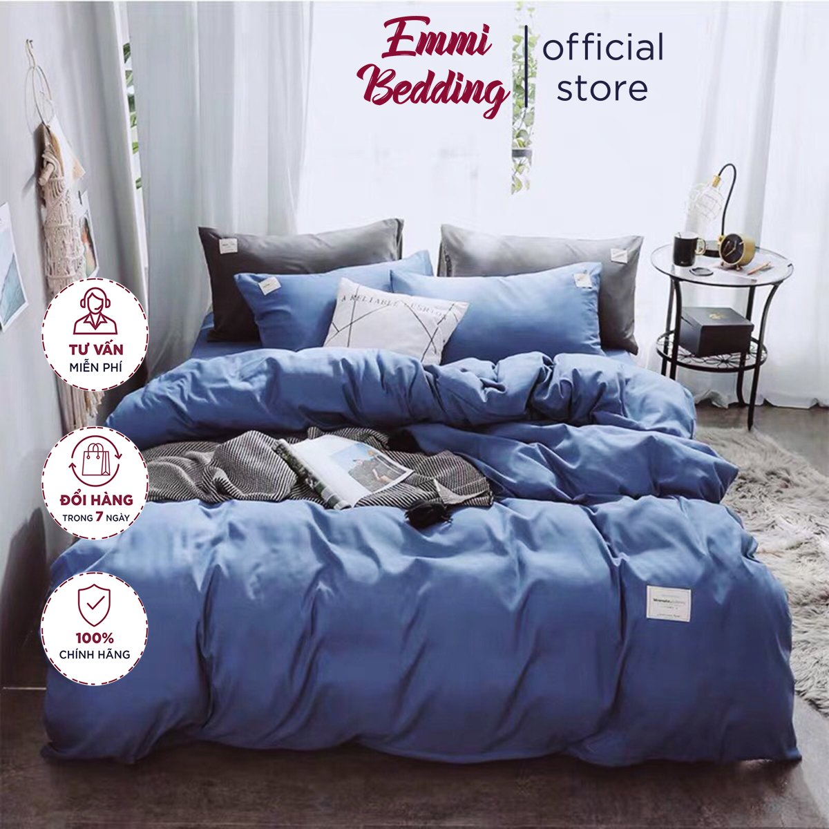 Bộ chăn ga gối cotton tc emmi bedding set 4 món xanh dương full chất lương tốt