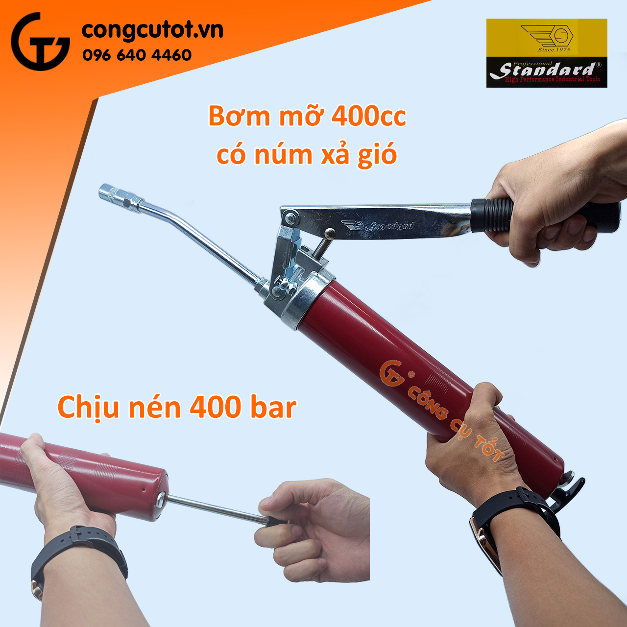 Bơm mỡ bò Standard Đài Loan 400cc bình thép đỏ