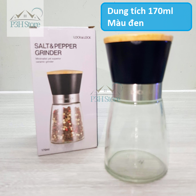 Cối xay tiêu thủy tinh Lock&Lock dung tích 140ml/170ml lưỡi sứ nắp gỗ sồi tiện dụng CKO115 CKO116 xay tiêu lock and lock