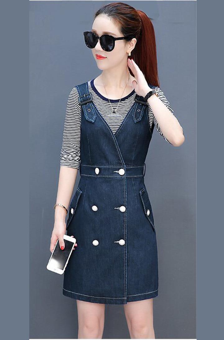 [HCM]Đầm Yếm Jean Nữ Duyên Dáng Phối Nút