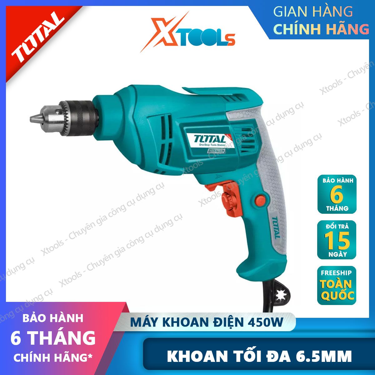 Máy khoan cầm tay total td4506e công suất 450w, tốc độ 3200rpm, đầu khoan 6.5mm, khả năng khoan sắt 6mm, khoan gỗ 20mm, điện áp 220v-240v máy bắn vít