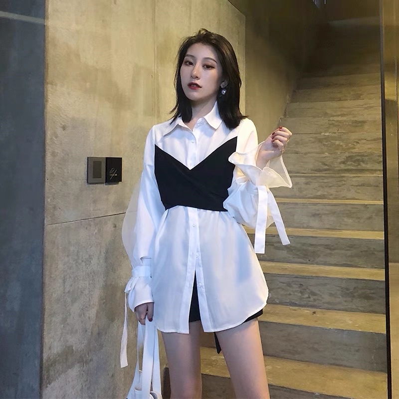 Áo sơ mi tay cột nơ phối yếm chéo đen xinh smt1