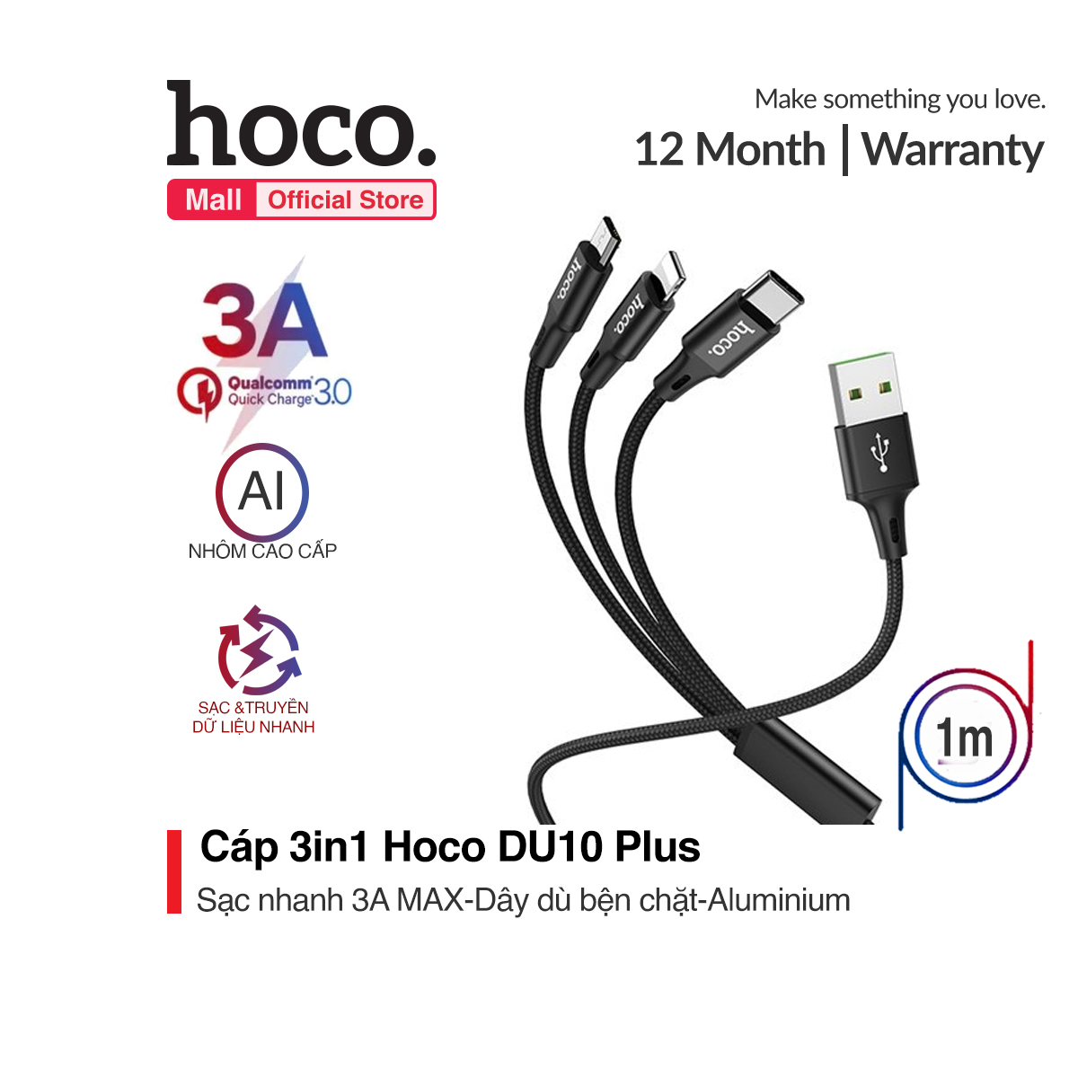 Cáp sạc nhanh dây dù Hoco DU10 Plus 3in1 ( Type-C , Lightning, Micro ) điện áp 3.0A dài 1m