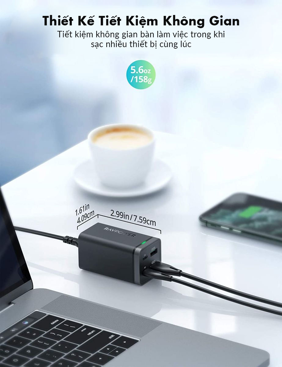 Củ sạc nhanh RAVPower RP-PC136 65W GaN Tech PD 3.0 QC 3.0
