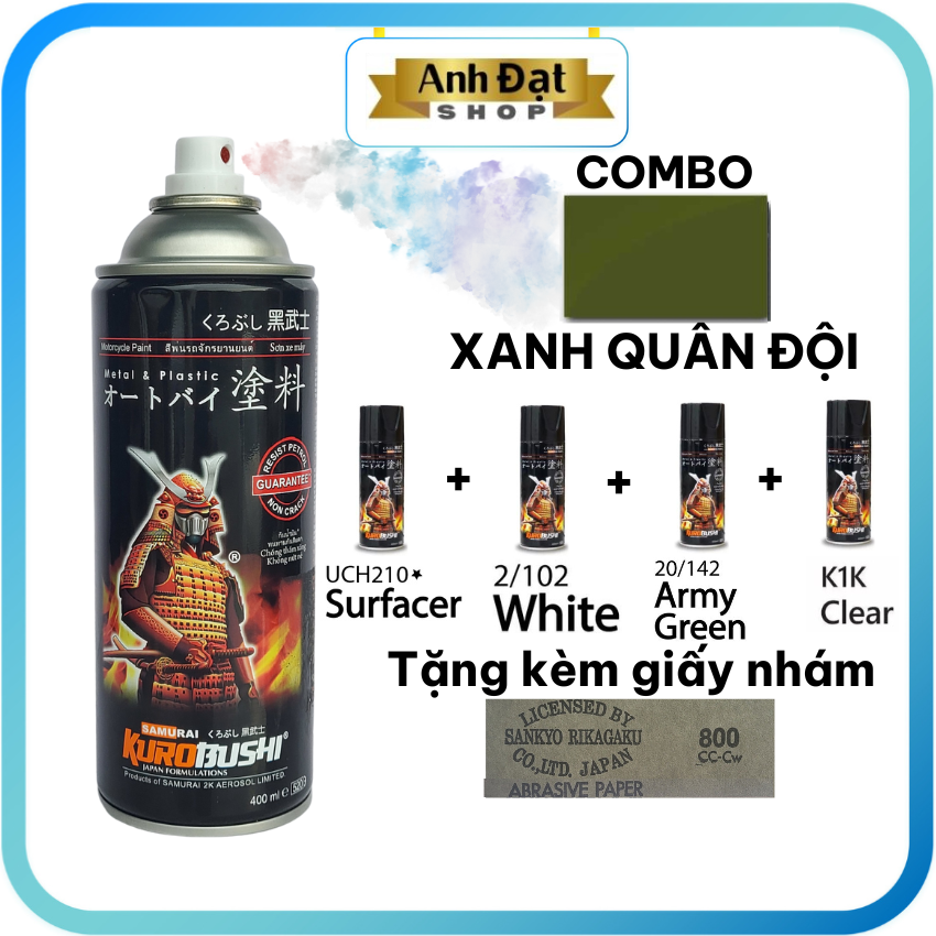 [COMBO-SƠN SAMURAI] Màu xanh Quân Đội 142, sơn lót UCH210, sơn nền trắng 102, sơn bóng K1K, Anh Đạt shop