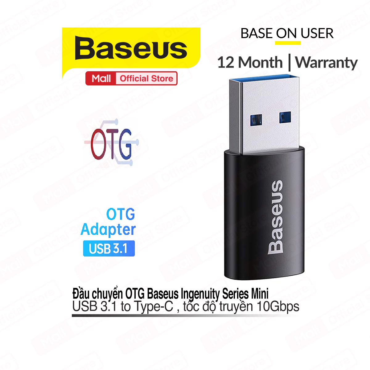 Bộ chuyển đổi Mini OTG dòng Baseus Ingenuity USB 3.1 sang Type-C tốc độ truyền 10Gbps nhỏ gọn dễ mang đi