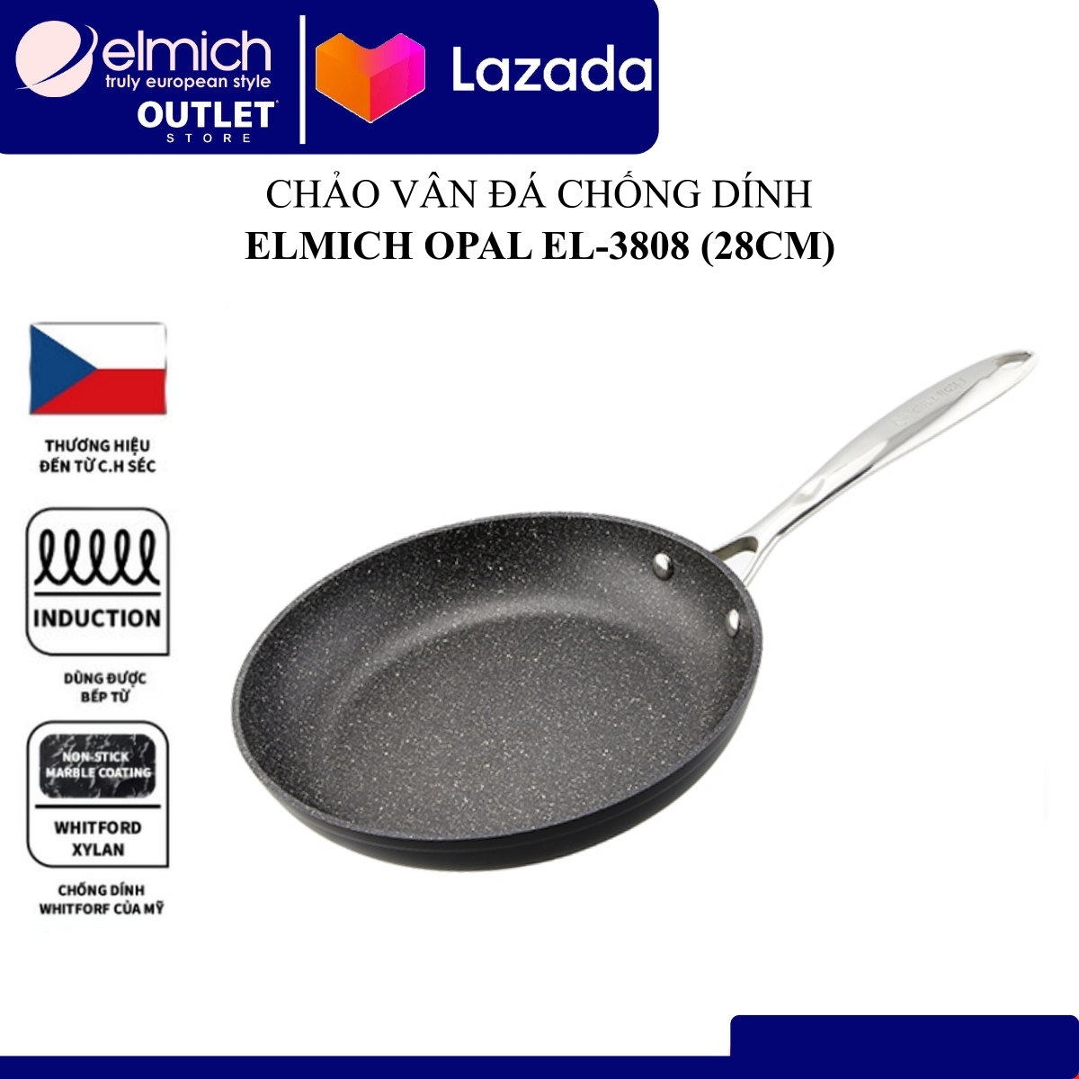 Chảo Chống Dính Vân Đá Đáy Từ Elmich Opal ( Size 20, 24, 26, 28cm)