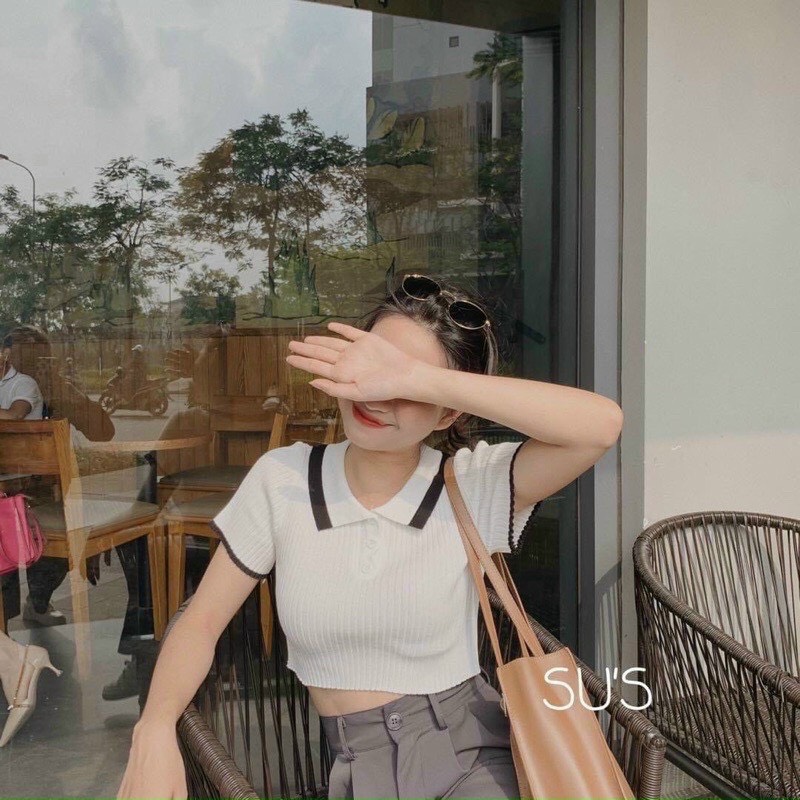 Áo gân cổ bẻ croptop 2 màu , chất thun gân len