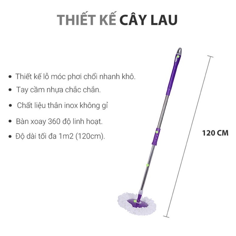 Cây lau nhà rời 360 độ - Chổi lau nhà 360 độ tự vắt thông minh thấm nước tốt - Cây lau nhà rời 360 độ trợ lực vắt tay cán inox mâm nhựa lau cực sạch cực nhanh