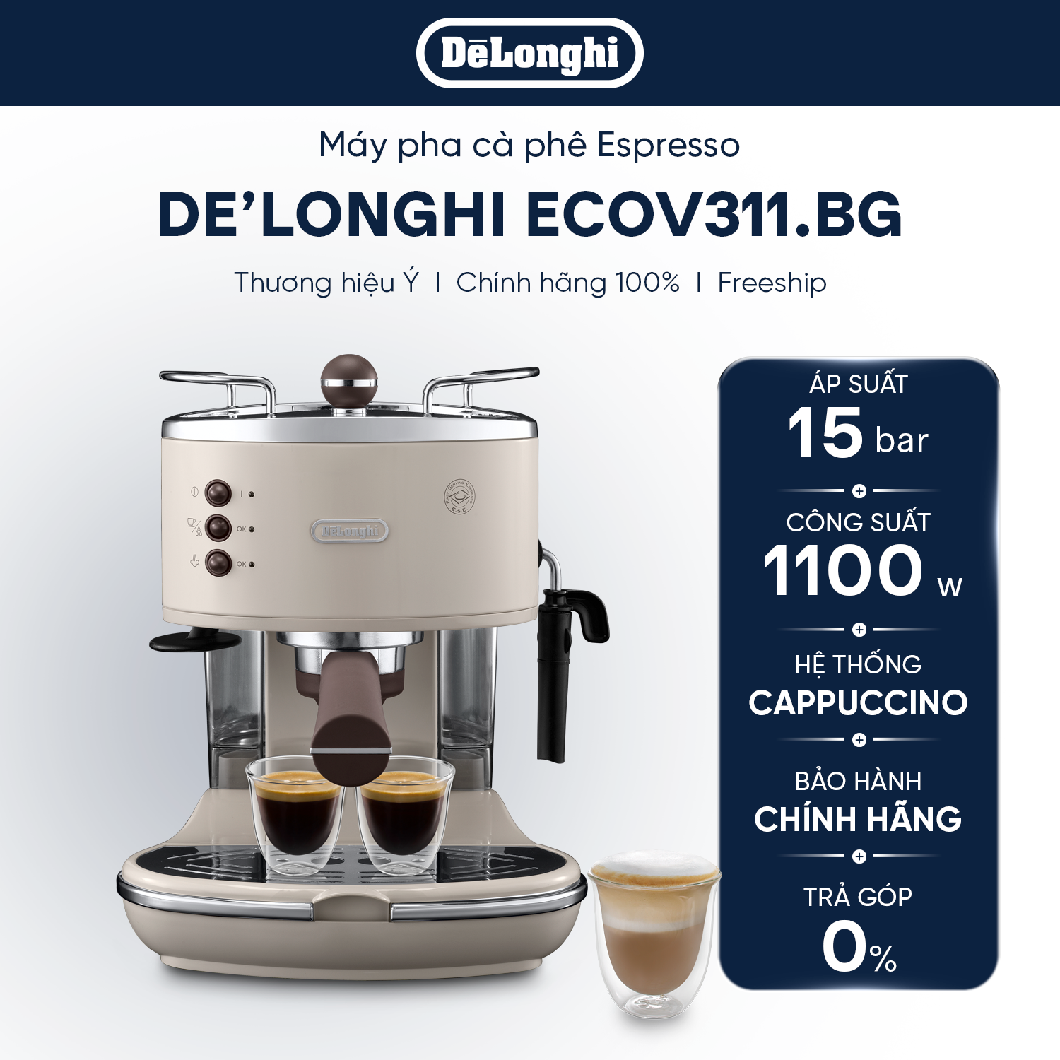 Máy Pha Cà Phê Espresso DeLonghi ECOV311 – 15 bar áp suất cao, bọt sữa béo mịn – Phong cách Retro Ý