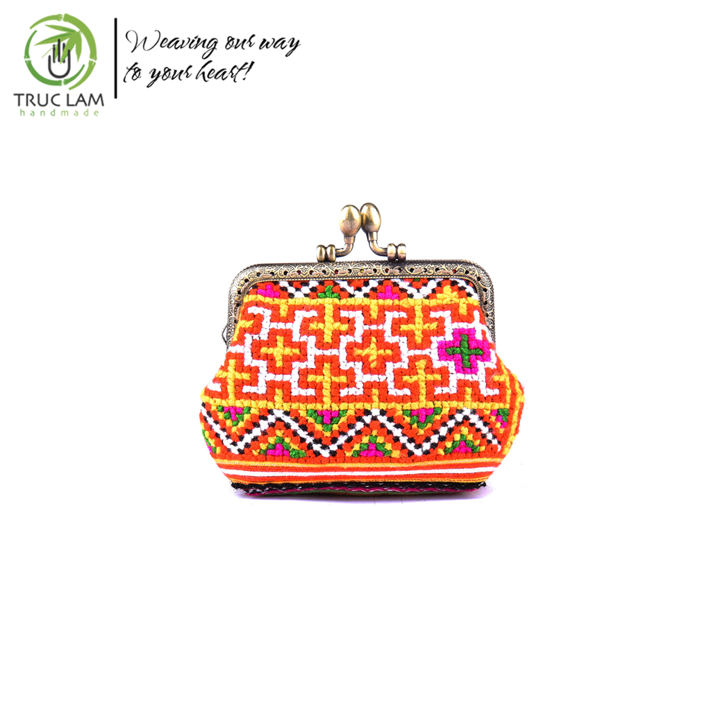 Ví xu cầm tay mini khóa nẹp đồng vải thổ cẩm thêu tay họa tiết dân tộc - trúc lâm handmade