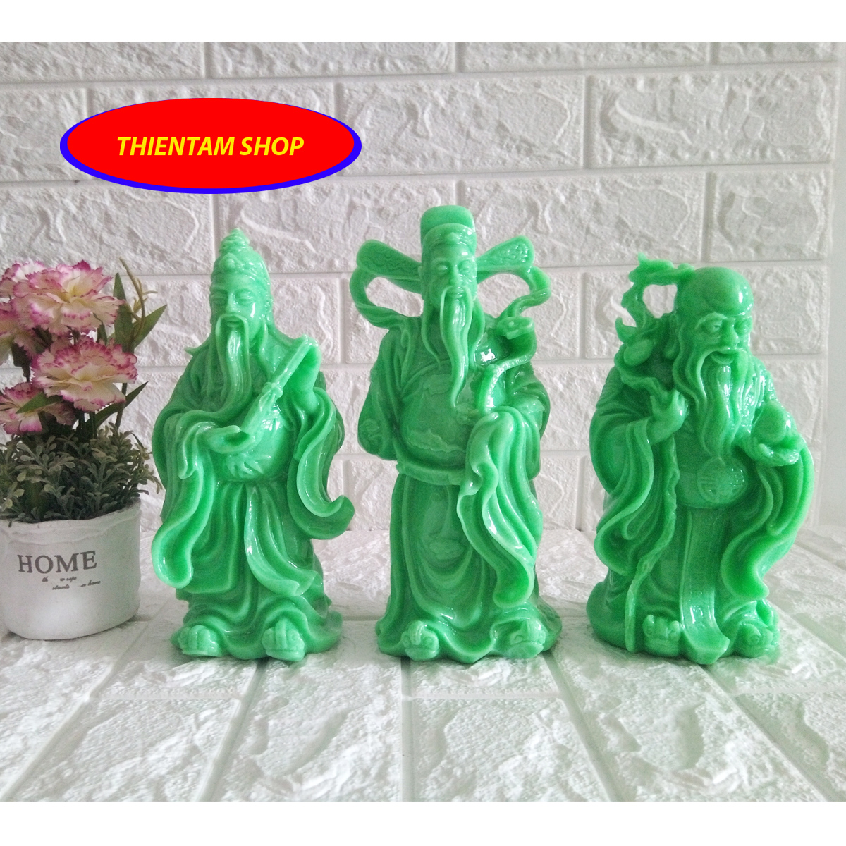 Tượng Tam Đa Phúc Lộc thọ đá poly màu xanh ngọc bích PLTX23