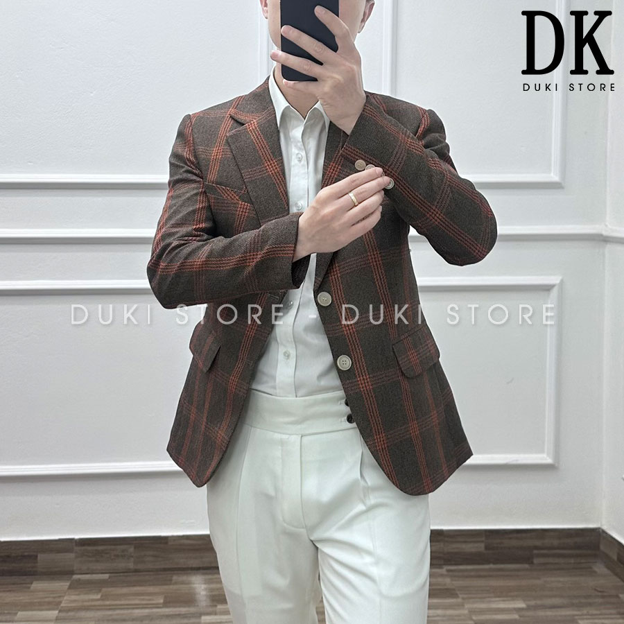 Áo vest nam, áo blazer nam 2 cúc Hàn Quốc kẻ caro màu nâu đỏ sang trọng ADK0011 - DUKI STORE