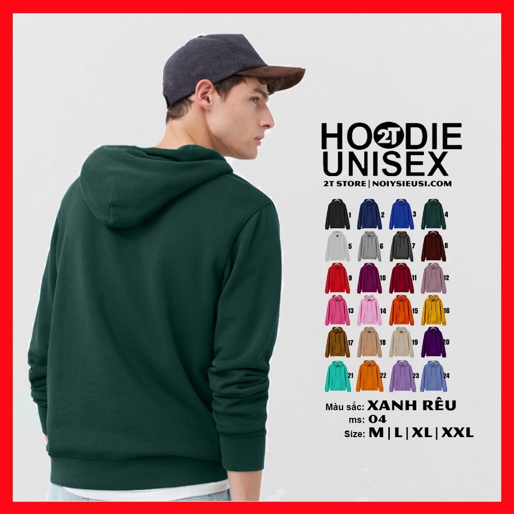 Áo hoodie unisex 2T Store H04 màu xanh rêu - Áo khoác nỉ chui đầu nón 2 lớp dày dặn đẹp chất lượng