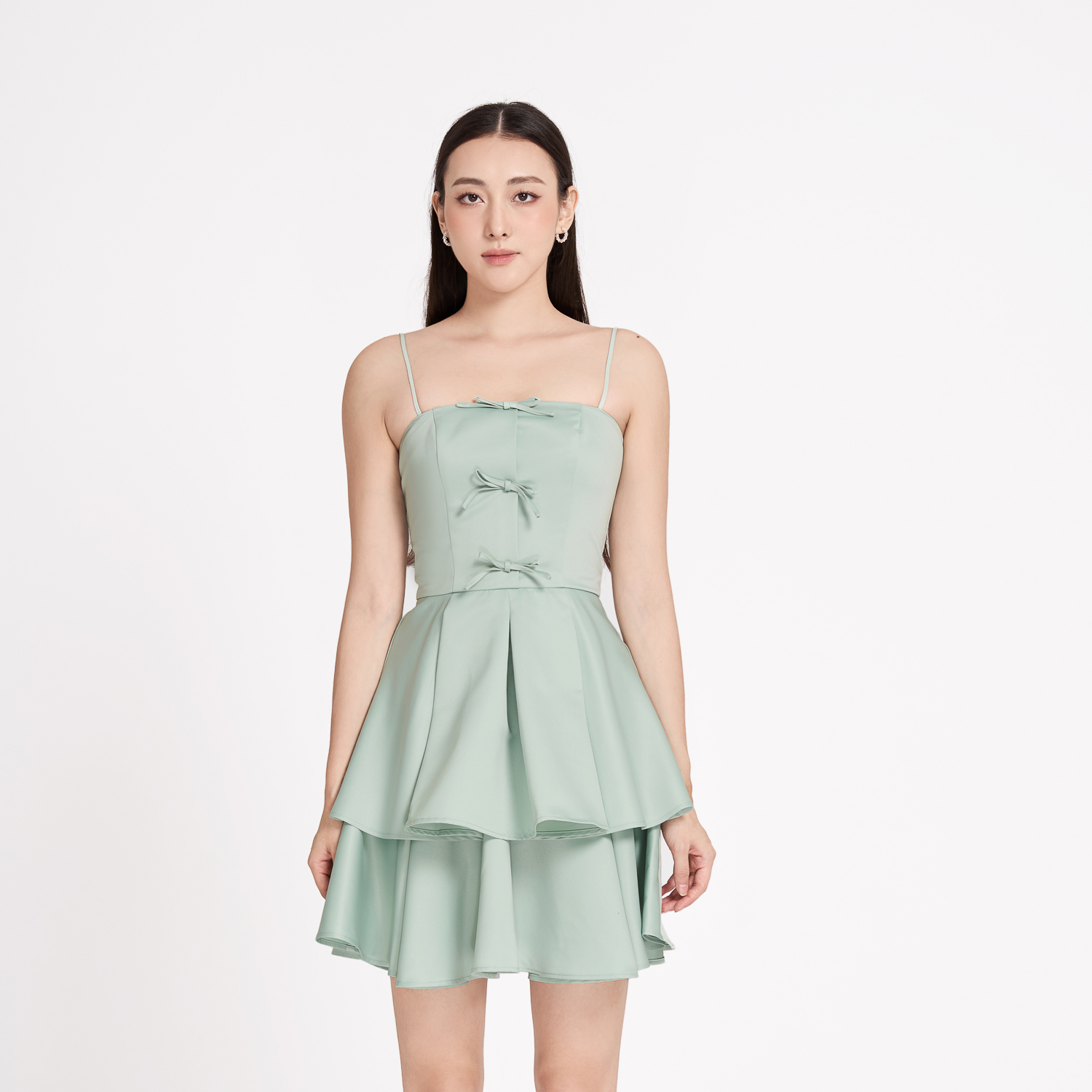 Đầm mini xòe phi tapta phối nơ trang trí Maybi