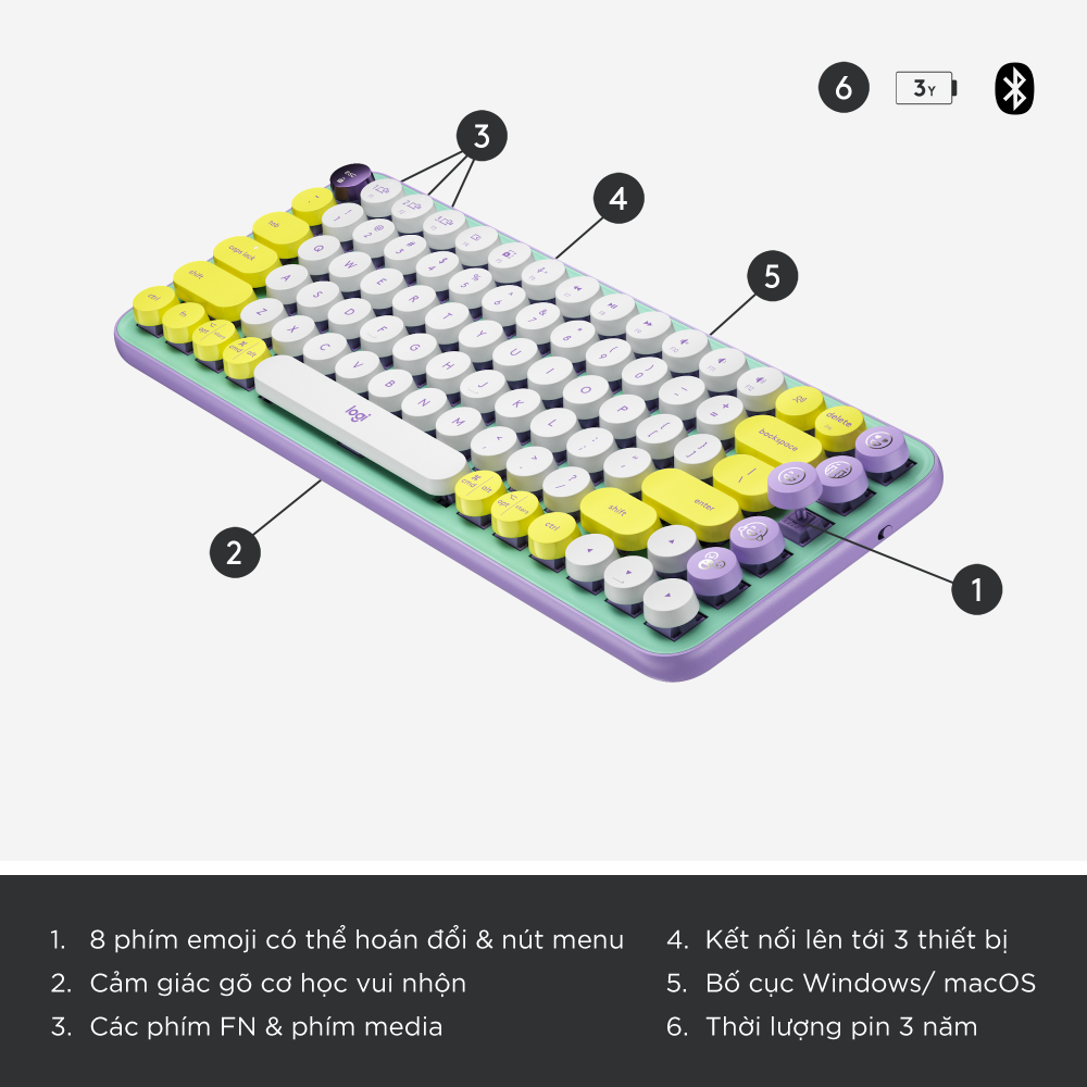 Bàn phím cơ không dây bluetooth | USB Logitech POP KEYS - với 8 phím emoji có thể điều chỉnh, switch tactile, kết nối 3 thiết bị