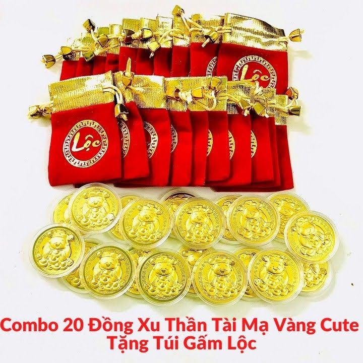 Combo 20 đồng xu thần tài mạ vàng cute tặng túi gấm lộc; kích thước của túi gấm là 9x7cm . đường kính của đồng xu là 4cm- sp005493