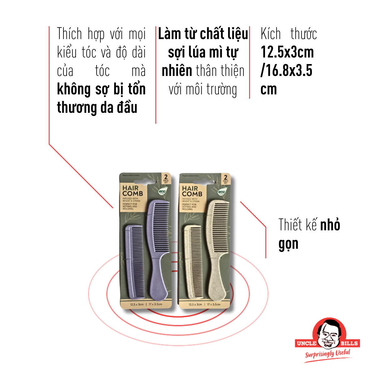 Lược Chải Tóc Sợi Lúa Mì 2 Cái Uncle Bills AH4595 (Giao màu ngẫu nhiên)
