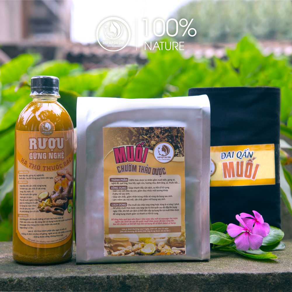 Combo đai quấn muối gừng thảo dược sau sinh (cốt gừng nghệ hạ thổ giảm eo, 1kg muối thảo dược, 1đai quấn)