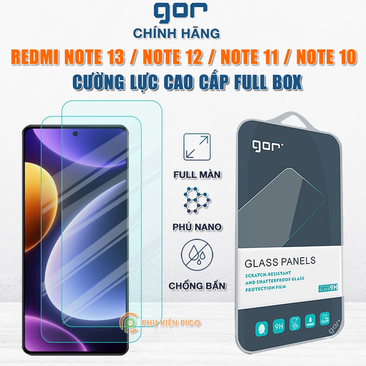 Kính cường lực Xiaomi Redmi Note 13 Pro / Note 12 Pro / Note 11 Pro / Note 10 Pro / Note 9 / Note 8 Pro full màn hãng Gor