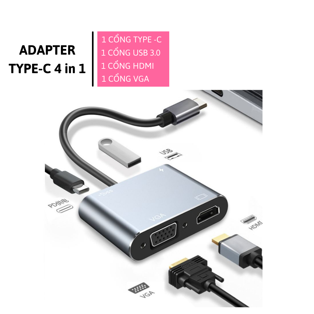 Cáp chuyển hub type c  2 in 1 USB Type-c ra 2 cổng HDMI/vga
