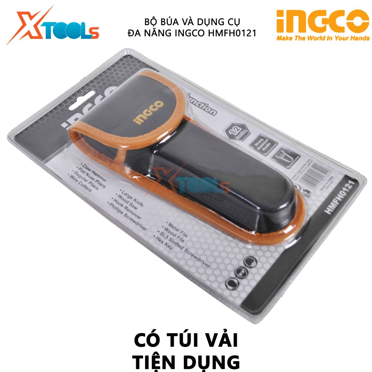 Búa đa năng INGCO HMFH0121 | búa mini đa năng 12 chức năng gồm Búa kẹp Kìm mũi dẹt Kìm thường Kìm cắt dây Dao lớn Cưa gỗ XTOOLs