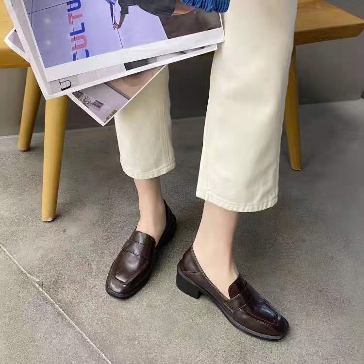 Giày Nữ Loafer Moca Basic Da Mềm Fullbox 5cm Màu Đen Nâu