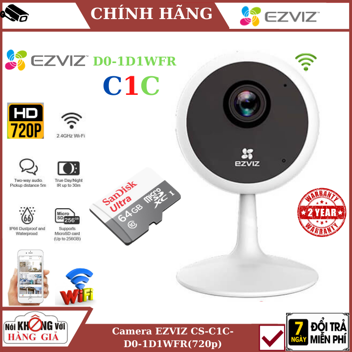 Camera Wifi , Camera Ezviz CS-C1C-D0-1D1WFR(720p) Âm thanh 2 chiều, cảnh báo chuyển động , Camera an ninh , camera mini , camera ip , camera giá rẻ