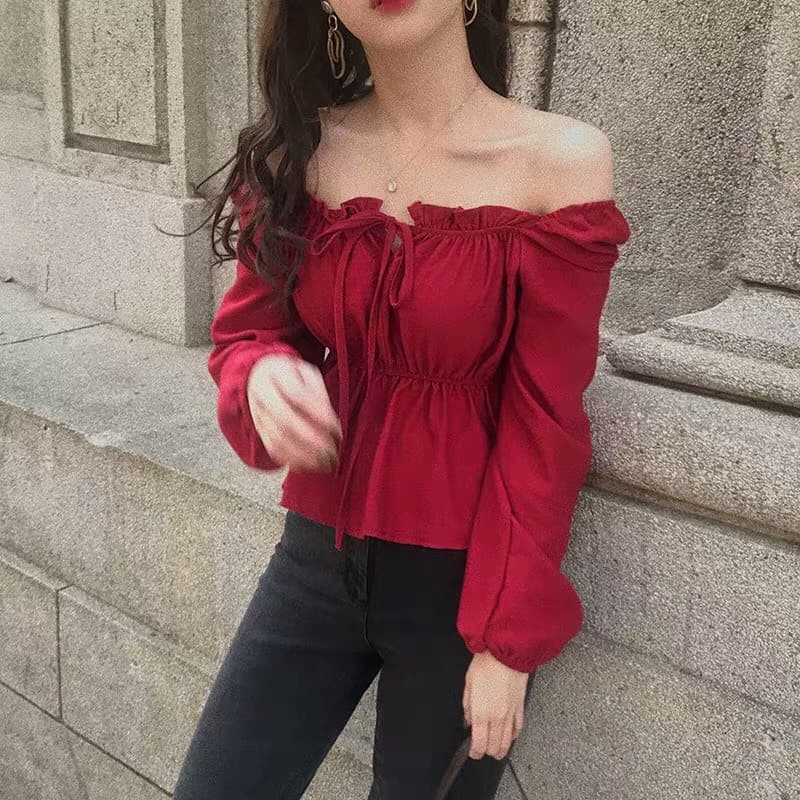 Áo voan trễ vai phối nơ ngực bo eo mặc đc hai kiểu TTSA0027